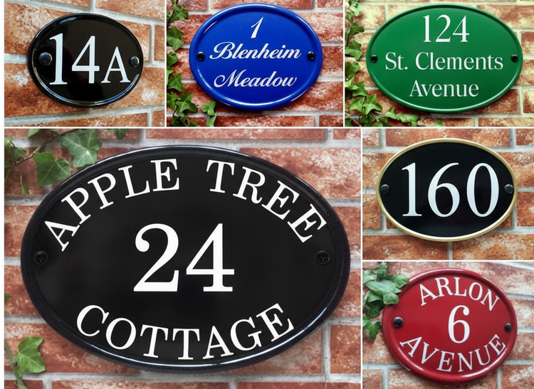 Oval house number plaque with reflective numbers in classic style