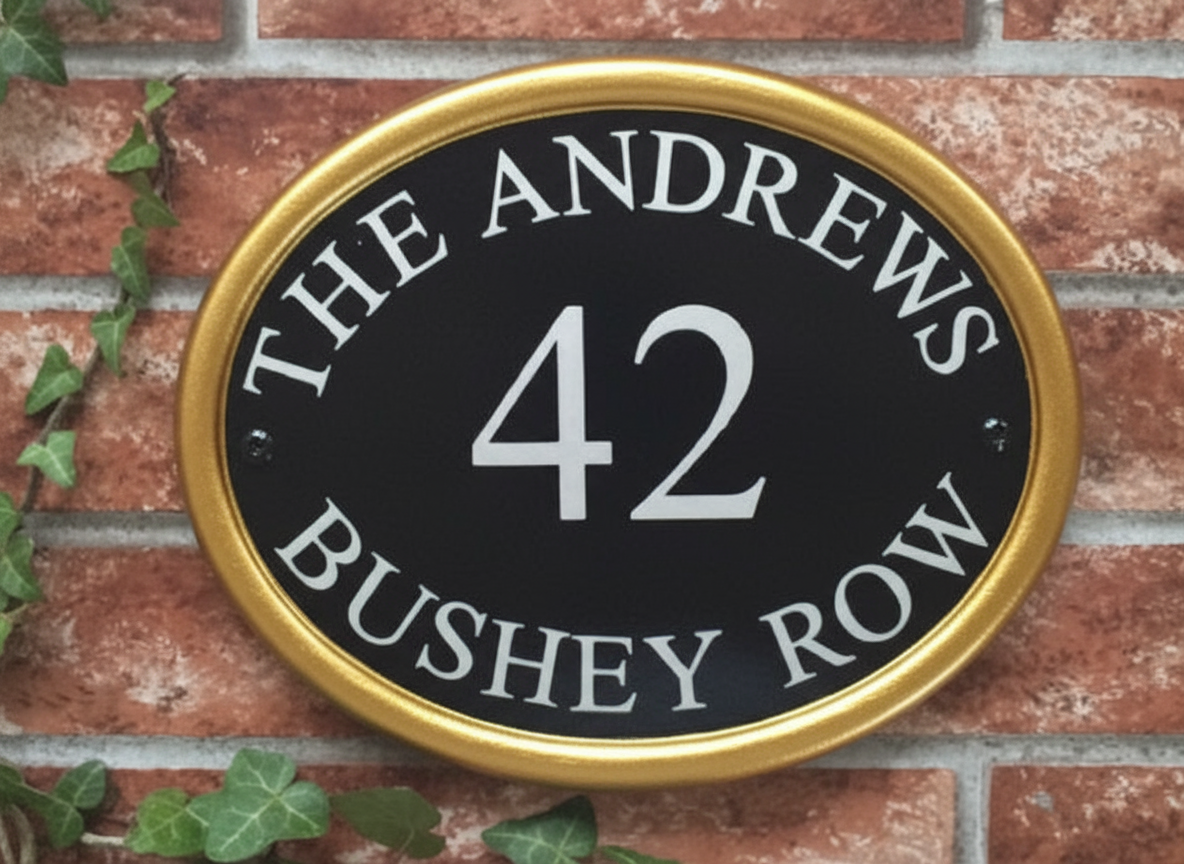 Gold painted rim oval house sign - personalised luxury cast iron style plaque UK