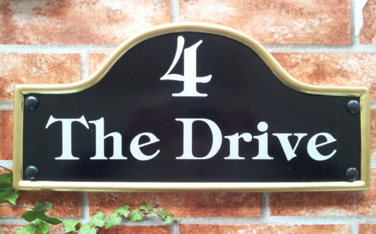 Custom large bridge top house sign with reflective text - personalised mews style name plaque UK