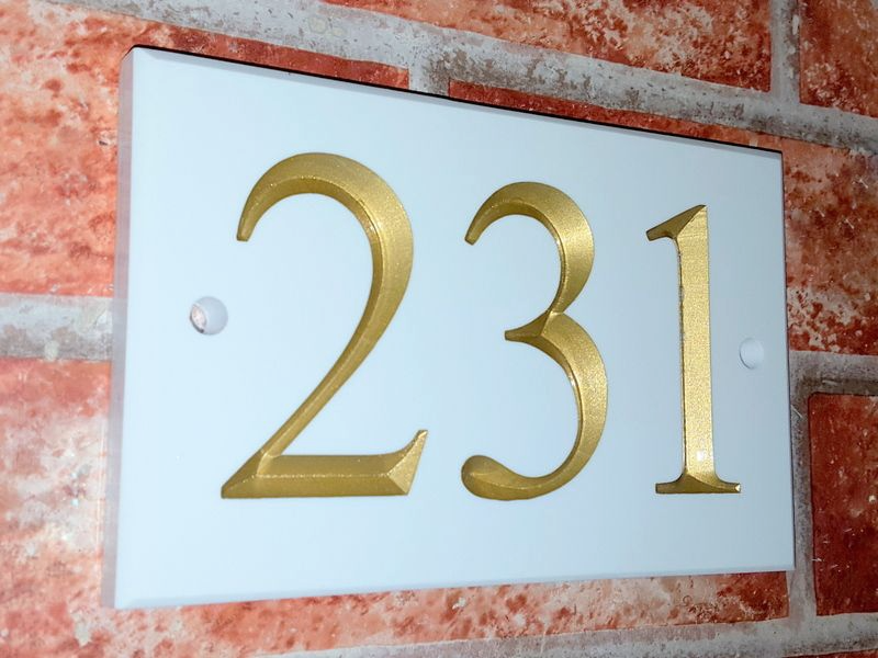 White three digit house number sign 160mm x 100mm - personalised engraved door number plaque UK