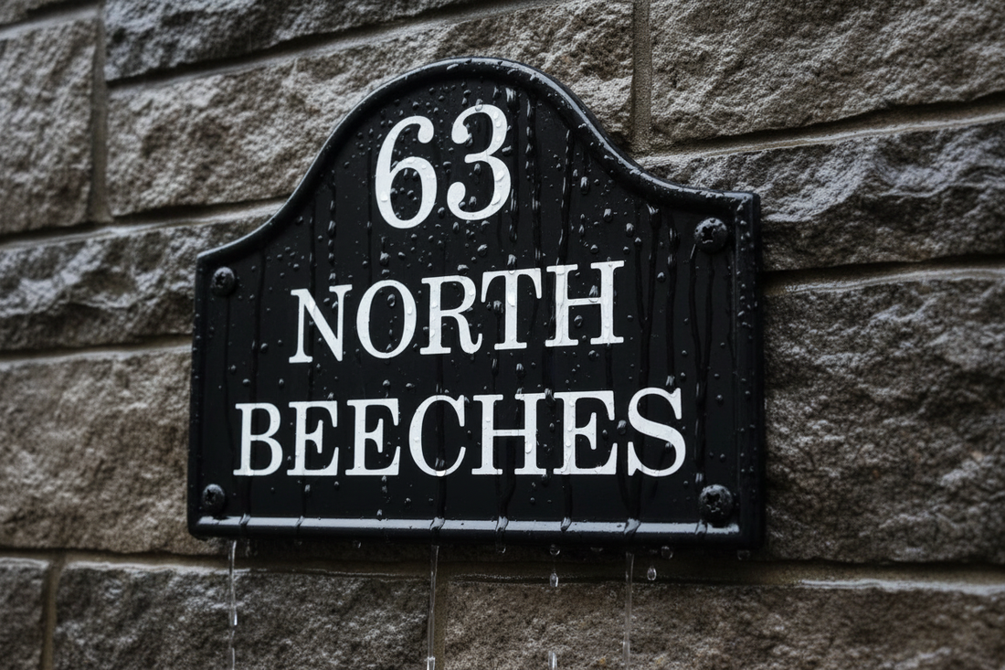 Weatherproof house sign in rain - UK outdoor house plaques built to last