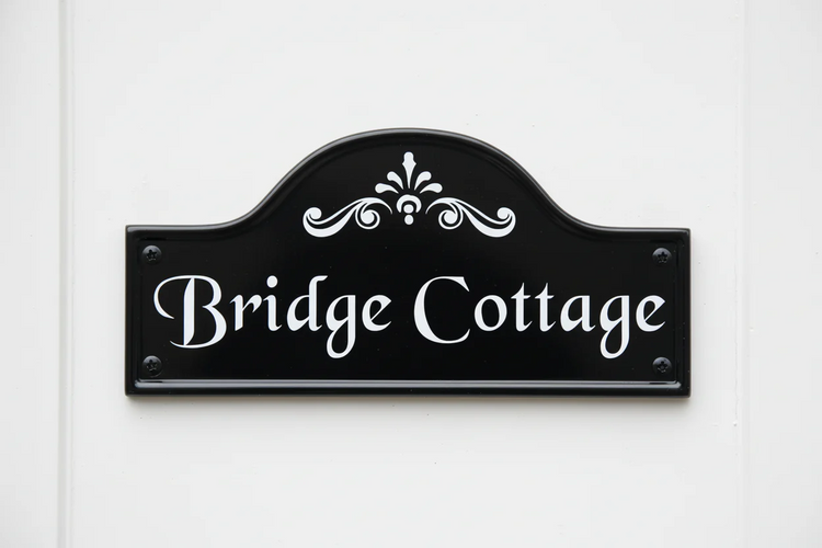 Victorian bridge top house sign with domed crown - reflective white lettering on dark grey plaque for mews properties
