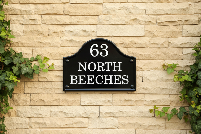 Victorian bridge top house sign with domed crown - reflective white lettering on dark grey plaque for mews properties