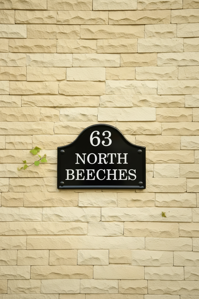 Victorian bridge top house sign with domed crown - reflective white lettering on dark grey plaque for mews properties