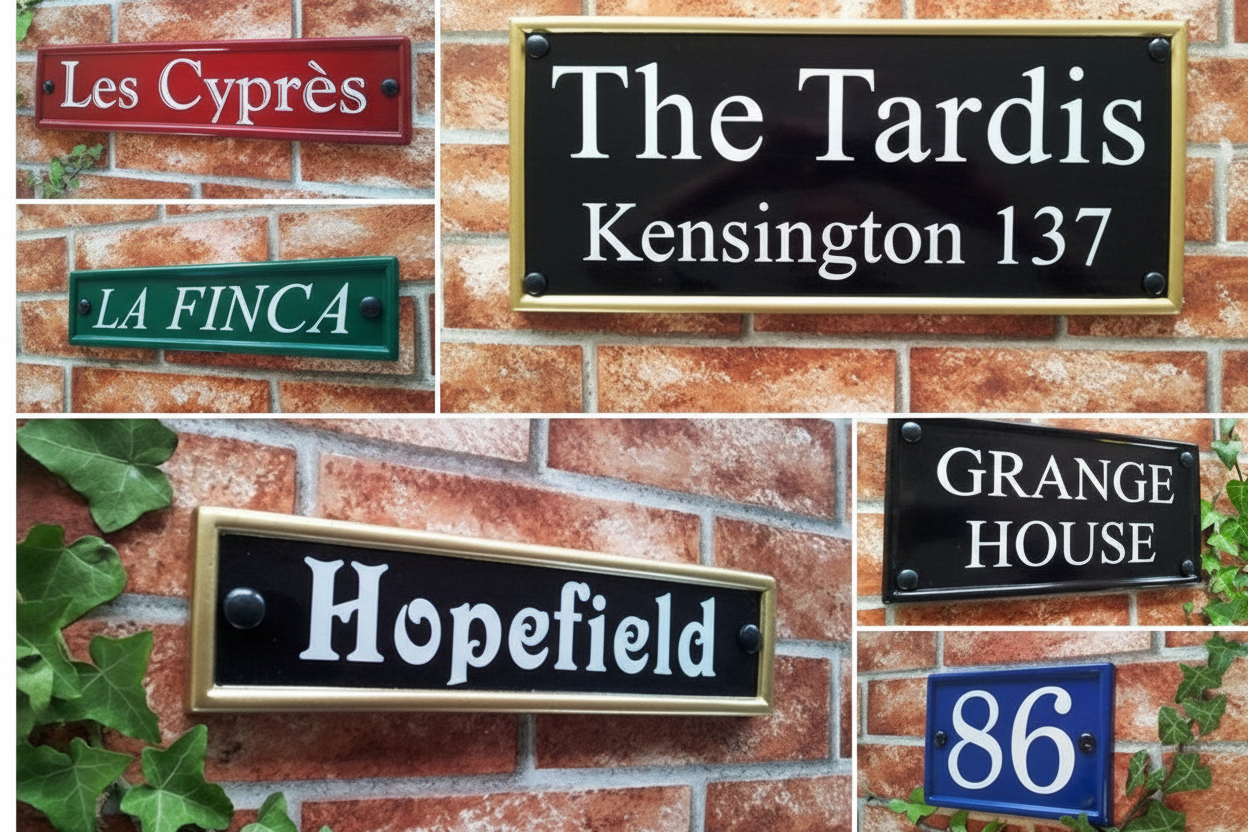 Rectangular house name sign with reflective lettering and beaded rim