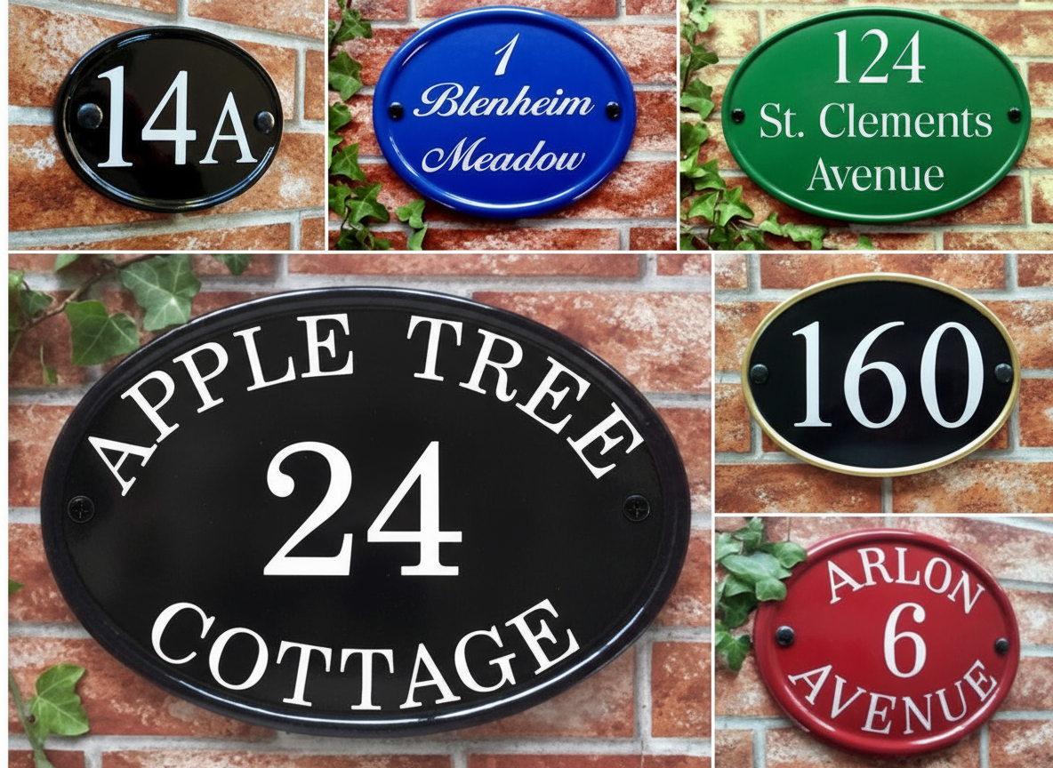 Oval house number plaque with reflective numbers in classic style