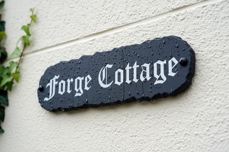 Rustic slate house sign with reflective numbers for country cottage