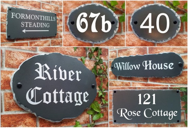 Rustic slate house sign with reflective numbers for country cottage