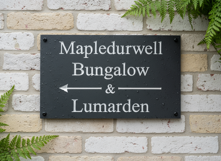 Slate house signs collection featuring engraved house numbers and names with deep V-groove lettering