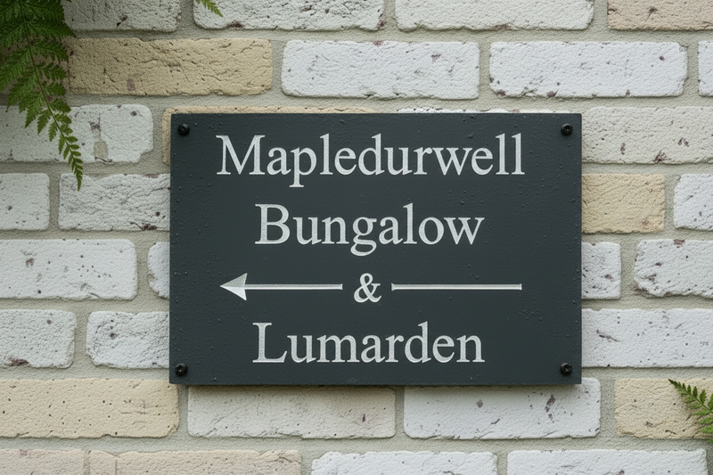 Slate house signs collection featuring engraved house numbers and names with deep V-groove lettering