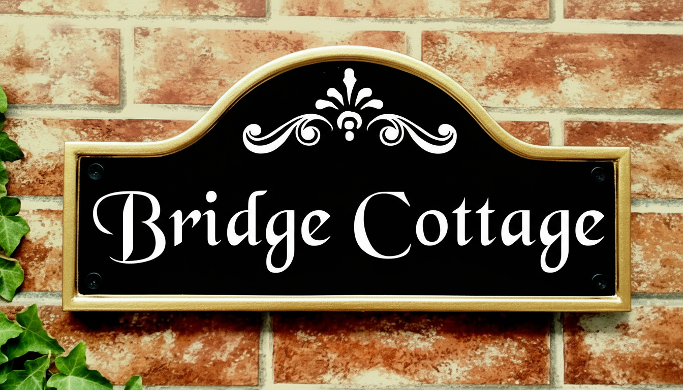 Gold painted rim bridge top house sign with black screw caps - personalised luxury mews style plaque UK