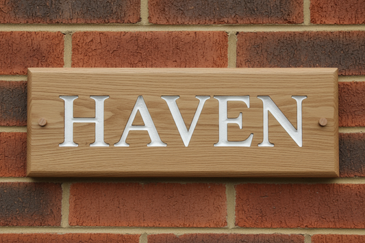Oak wooden house sign 300mm x 100mm - personalised engraved address plaque UK