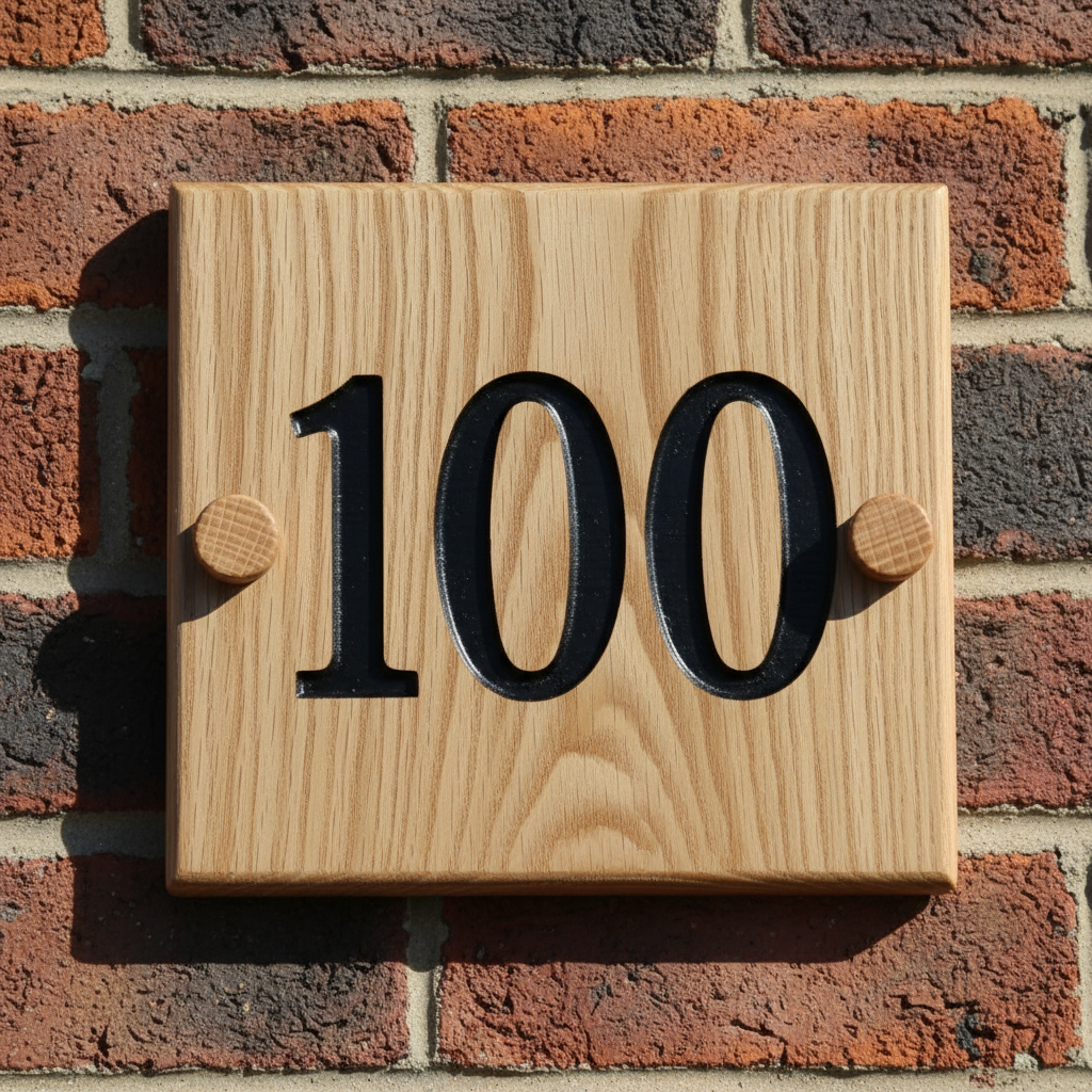 Oak Wooden House Number Sign 100mm x 100mm - Horizontal Central Screws