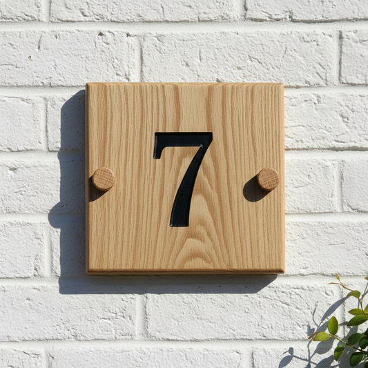 Oak wooden house number sign 100mm x 100mm - personalised engraved door number plaque UK