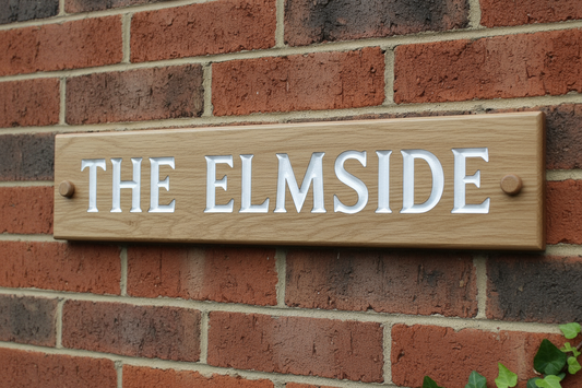 Oak wooden house sign 400mm x 100mm - personalised engraved address plaque UK