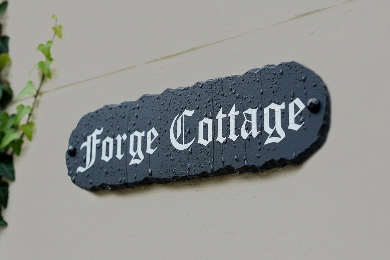 Rustic house sign on stone wall - handmade UK house name plaque by House Sign Shop