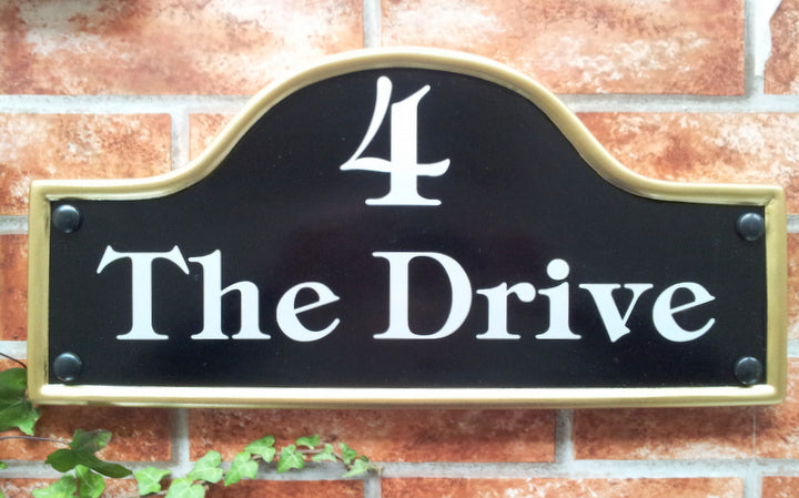 Custom large bridge top house sign with reflective text - personalised mews style name plaque UK