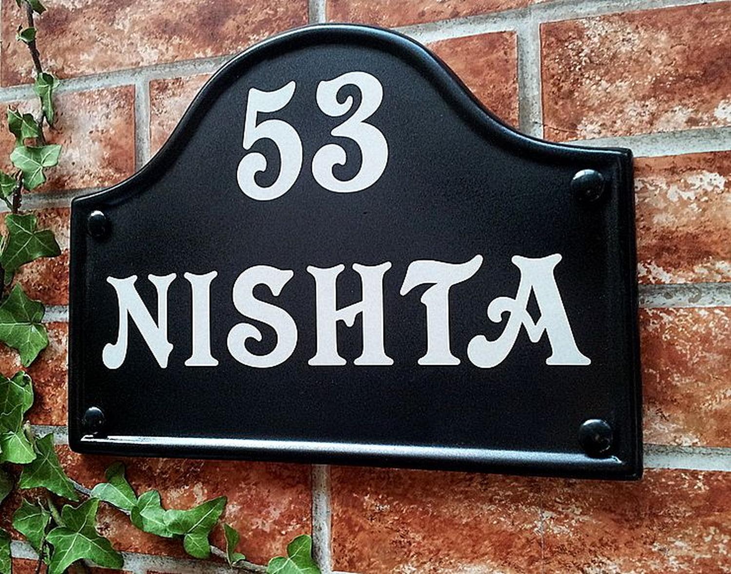 Custom bridge top house sign with reflective text - personalised mews style name plaque UK