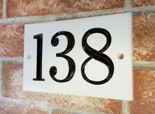 Custom white three digit number sign with coloured inlay - personalised door number plaque UK