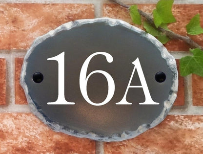 Small rustic oval house number sign 180mm - personalised reflective door number plaque UK