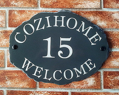 Custom large rustic oval sign with reflective text - personalised house name plaque UK