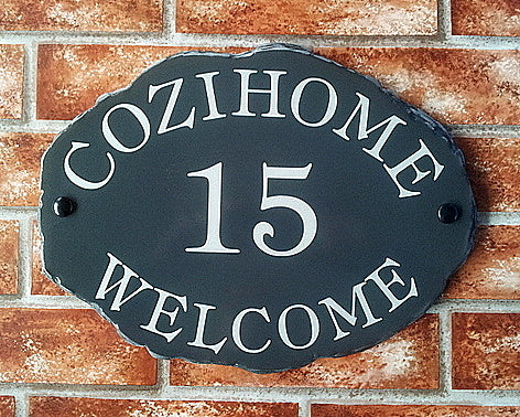 Custom large rustic oval sign with reflective text - personalised house name plaque UK