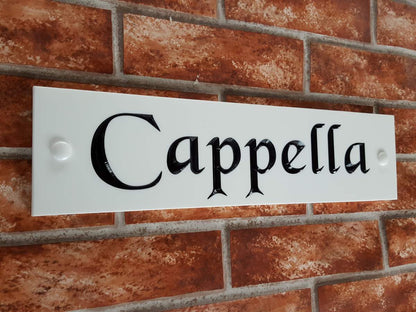 White house name sign 300mm x 75mm Corian close-up - personalised engraved plaque UK