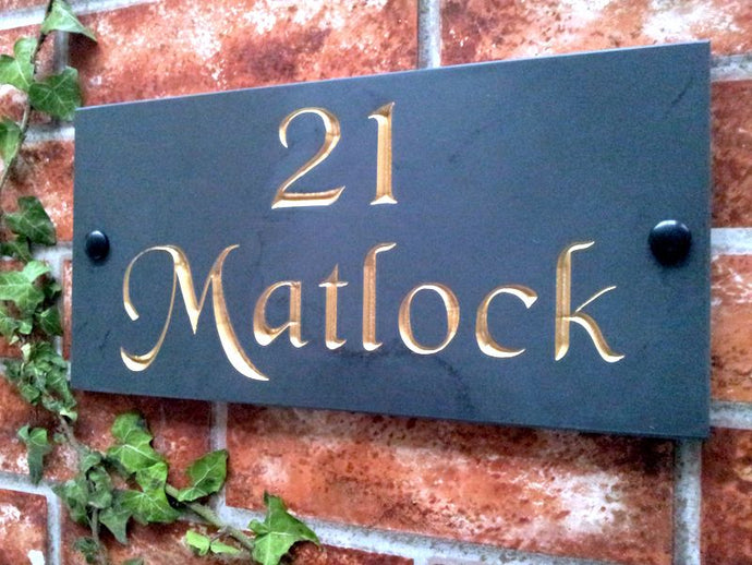 Engraved slate house sign  300mm x 150mm depicting the number 21 and the name Matlock in a gold inlay