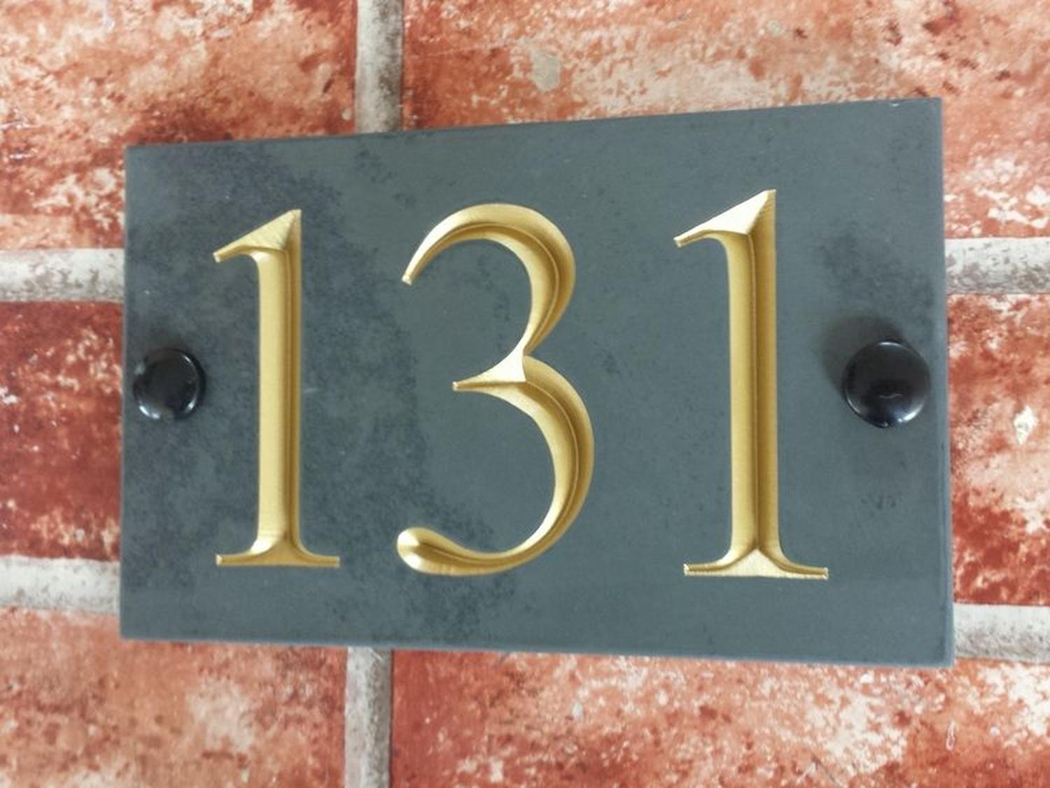 Bespoke three digit slate number sign - custom engraved door number plaque UK