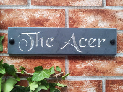 Slate house name sign 300mm x 75mm close-up - personalised engraved plaque UK