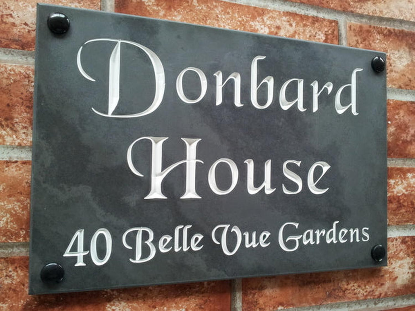 Personalised slate house sign 300mm - custom 3-line address plaque with silver inlay UK