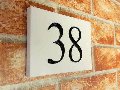 White house number sign 140mm Corian detail - personalised engraved plaque UK