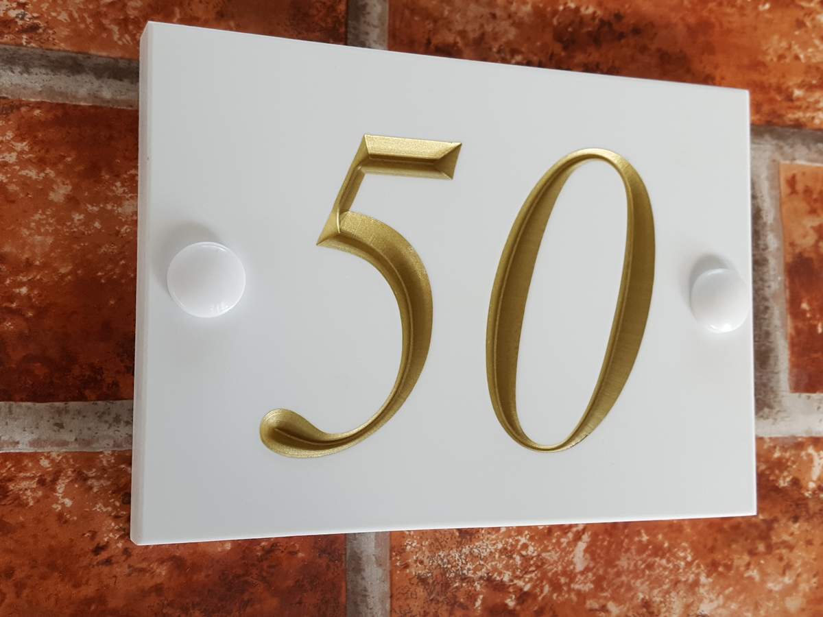 White house number sign 140mm Corian example - personalised engraved plaque UK