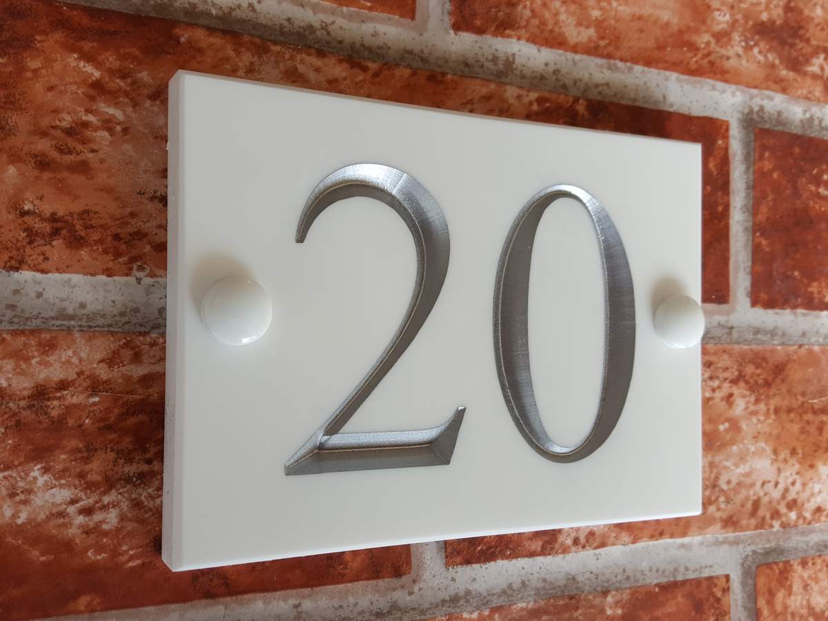 White house number sign 140mm Corian - personalised engraved door number plaque UK