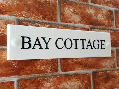 White house name sign 300mm x 75mm Corian - personalised engraved address plaque UK